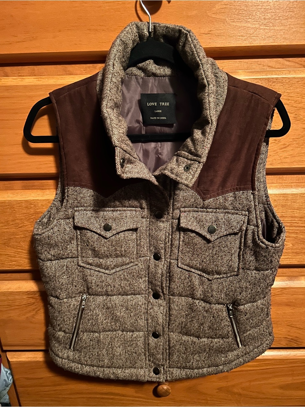 Love Tree Brown Quilted Tweed Vest with Dark Brown Shoulder Yoke